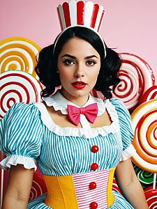 Woman in Bright Candyland Costume with Colorful Lollipop Background