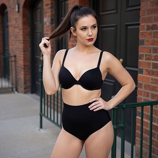 Confident Woman in Black High-Waisted Underwear Outdoors