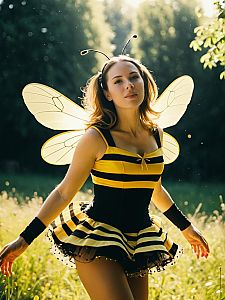 Photorealistic Outdoor Portrait of Woman in Bee Dance Costume in Sunlight