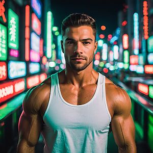 Muscular Man in Neon Urban Nightscape
