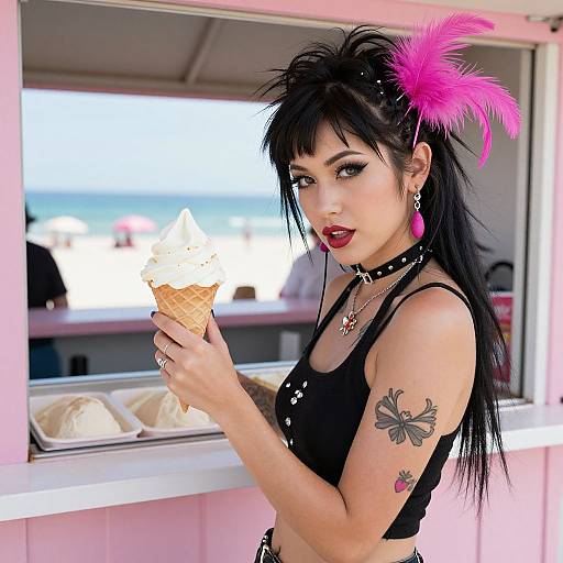 Punk Style Woman Holding Ice Cream Cone at Beachside Stand