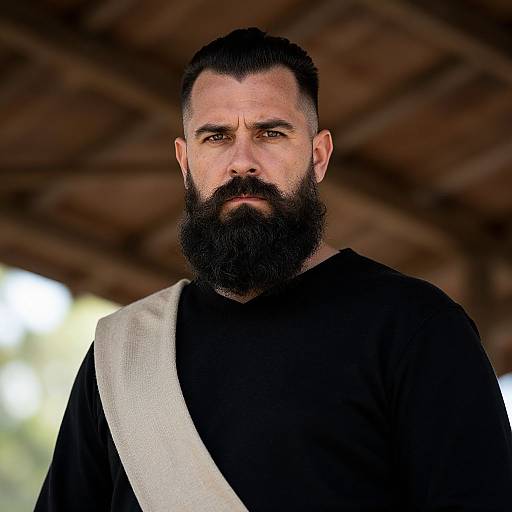 Portrait of Bearded Man in Black Shirt with Beige Scarf
