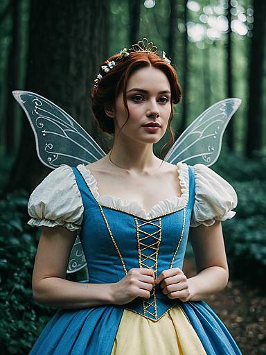 Photorealistic Fairy Tale Cosplay Woman in Belle Dress with Fairy Wings