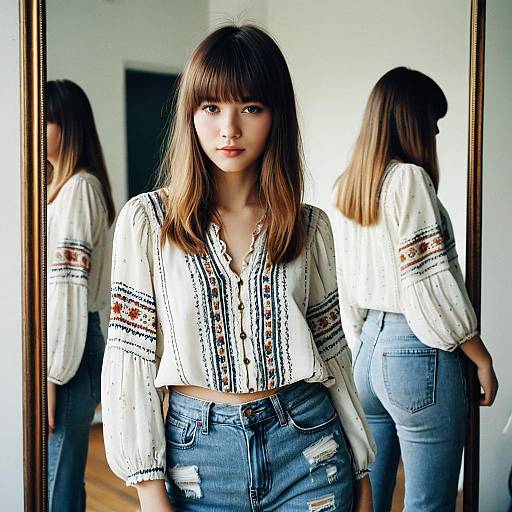 Young Woman Wearing Embroidered Bohemian Blouse and Ripped Jeans in Front of Mirror
