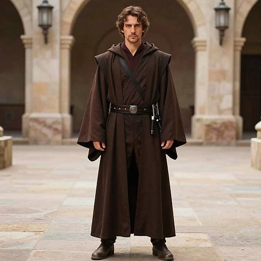 Man Wearing Authentic Jedi Master Costume in Brown Robe and Hood