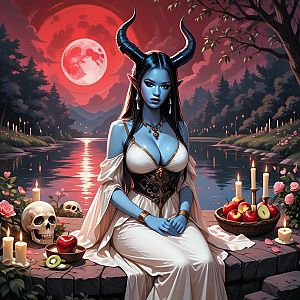 Blue-skinned woman by a river under a red moon