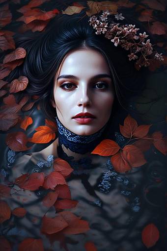 Moody Portrait of Woman in Water with Autumn Leaves