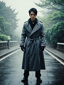 Man in Gray Trench Coat Standing on Rainy Urban Street