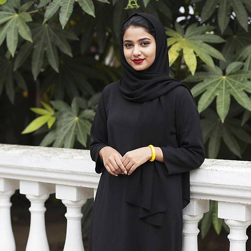 Confident Woman in Black Hijab and Abaya by White Railing Outdoors