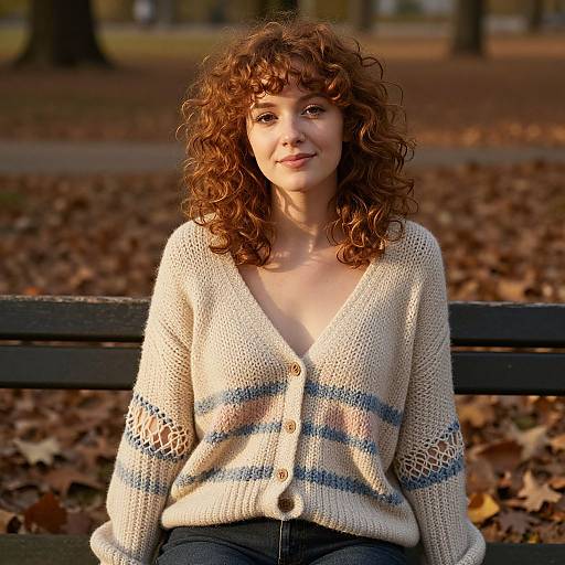 Young Woman in Cozy Knitted Cardigan Sitting on Park Bench in Autumn