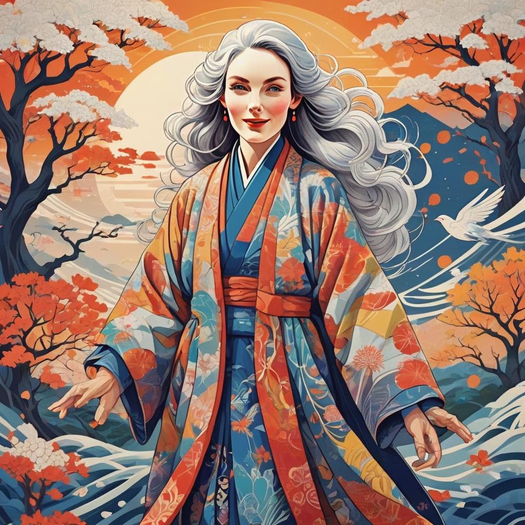 Elegant Woman in Colorful Kimono with Blossoming Trees Elegant Woman in Colorful Kimono with Blossoming Trees