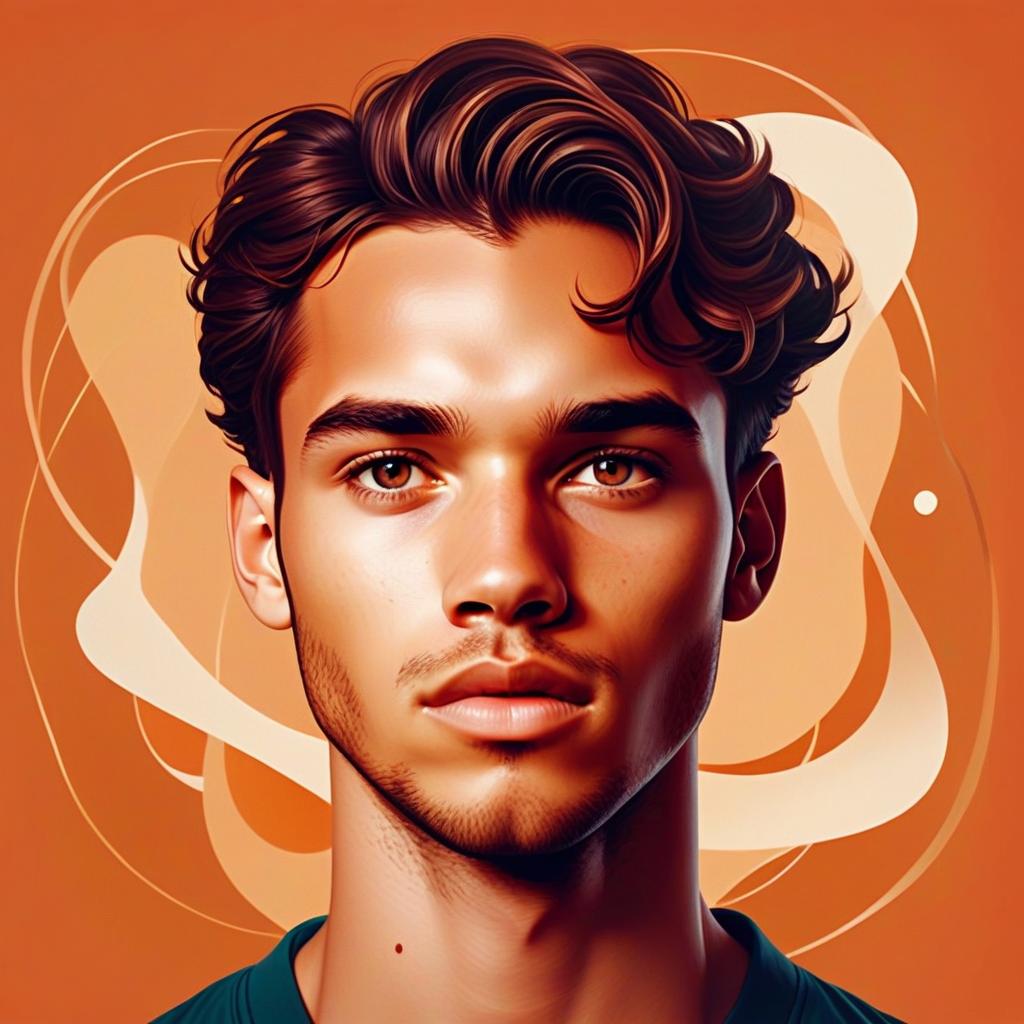Hyper-Realistic Digital Portrait of Young Man with Brown Hair and Abstract Orange Background