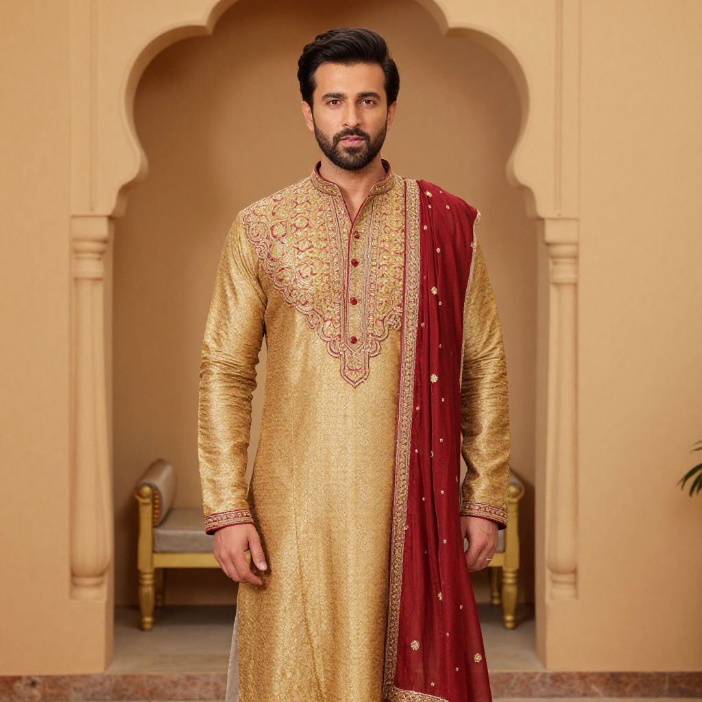 Traditional Golden Sherwani with Maroon Dupatta for Men
