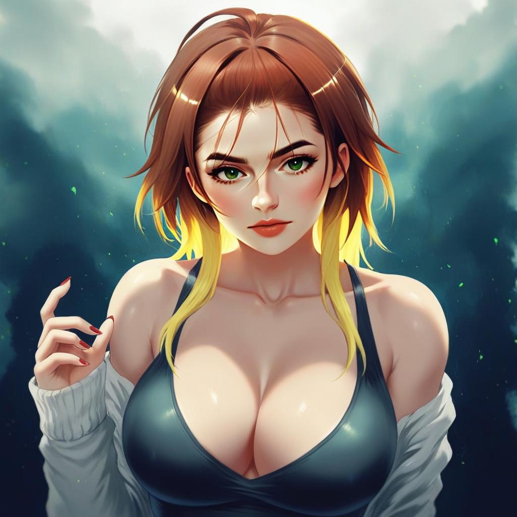 Anime Style Portrait of Woman with Brown and Yellow Hair in Black Tank Top