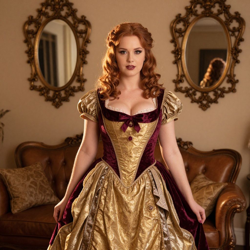Victorian Woman in Elegant Gold and Burgundy Gown in Vintage Room