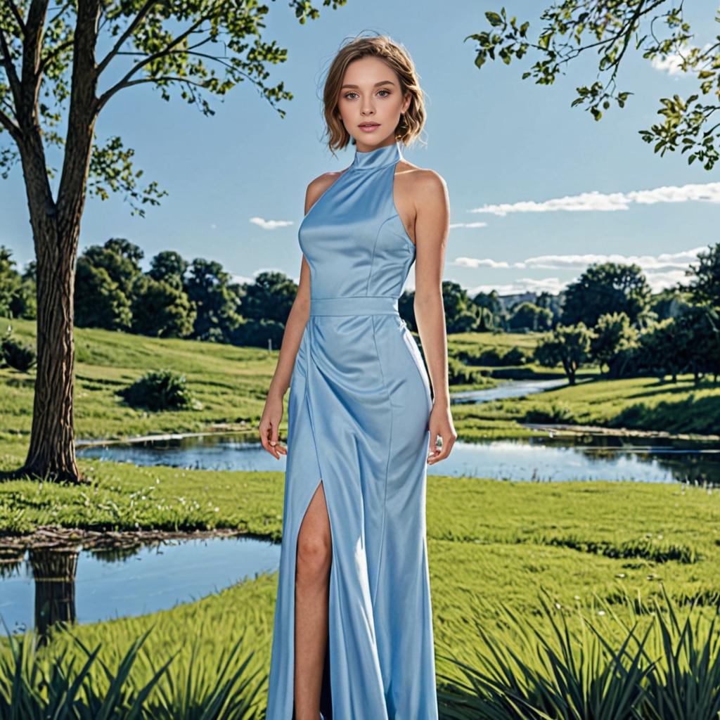 Woman in Elegant Blue Dress in Serene Park