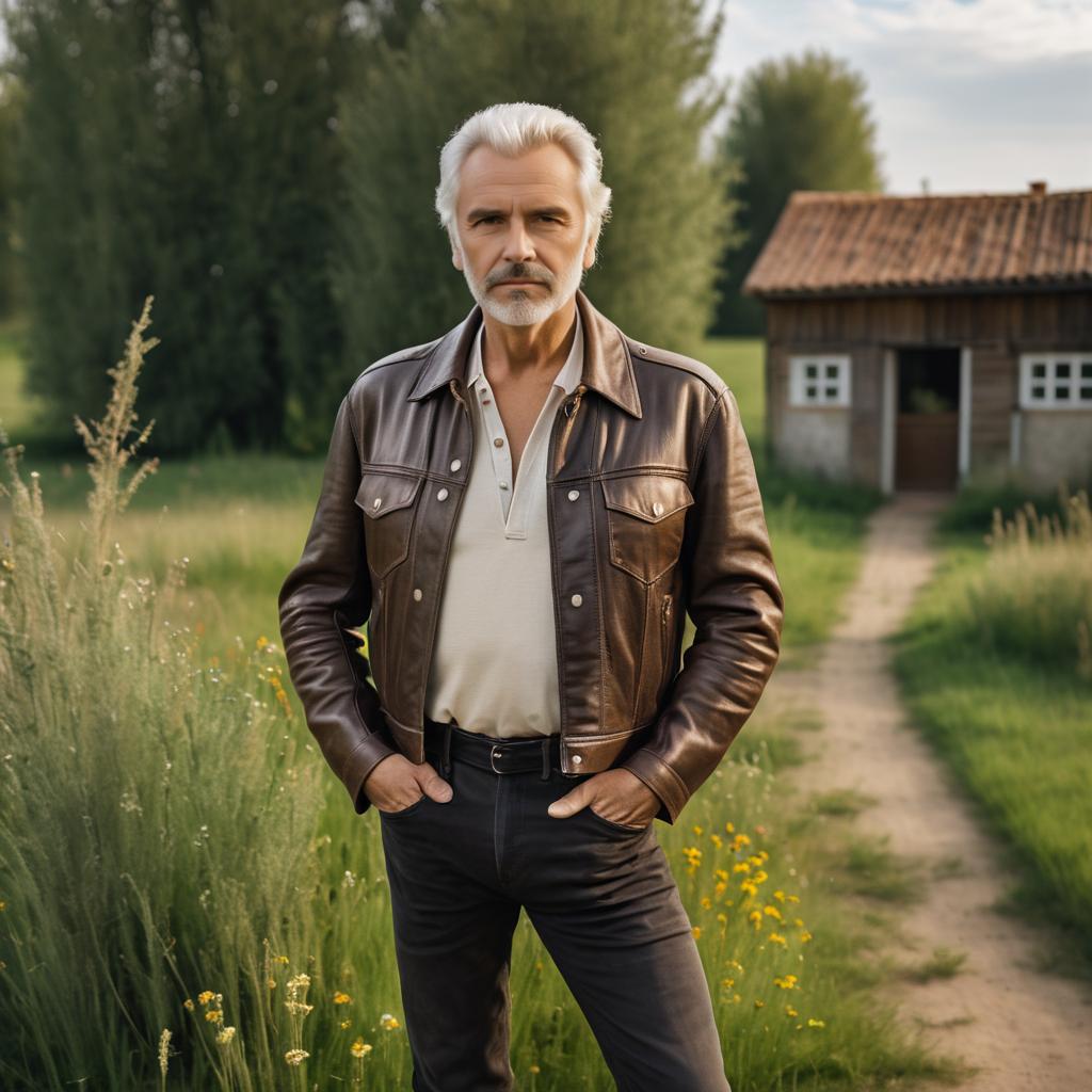 Distinguished Older Man in Leather Jacket in Countryside