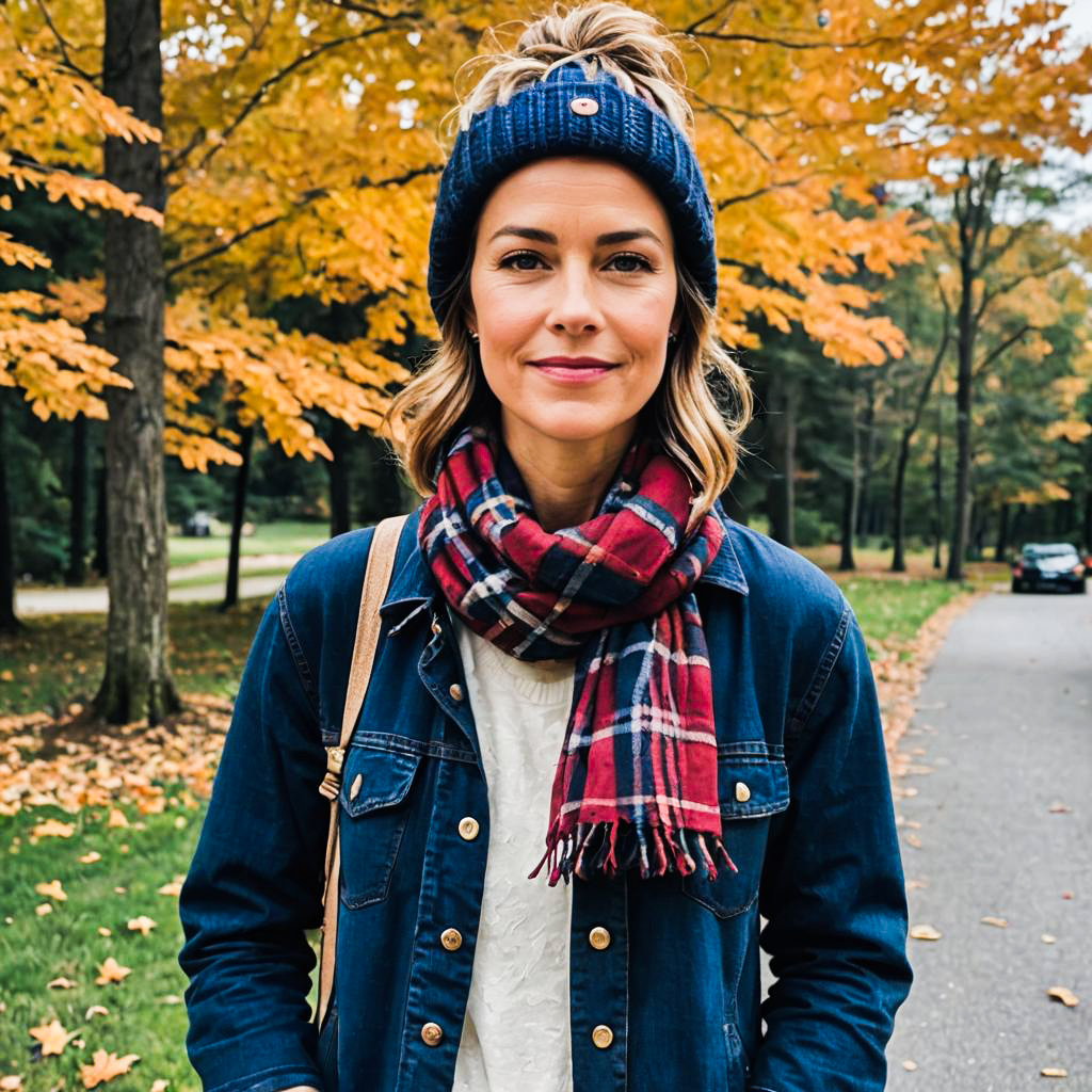 Stylish Woman in Autumn Leaves with Cozy Outfit