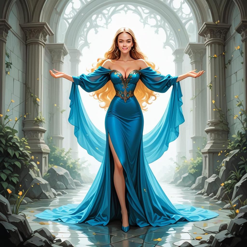 Elegant Woman in Blue Gown at Ancient Archway Elegant Woman in Blue Gown at Ancient Archway