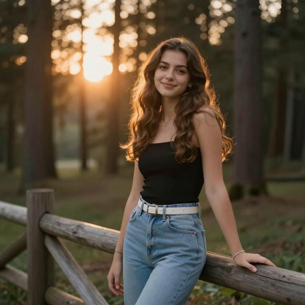 Young Woman by Wooden Fence in Forest at Golden Hour