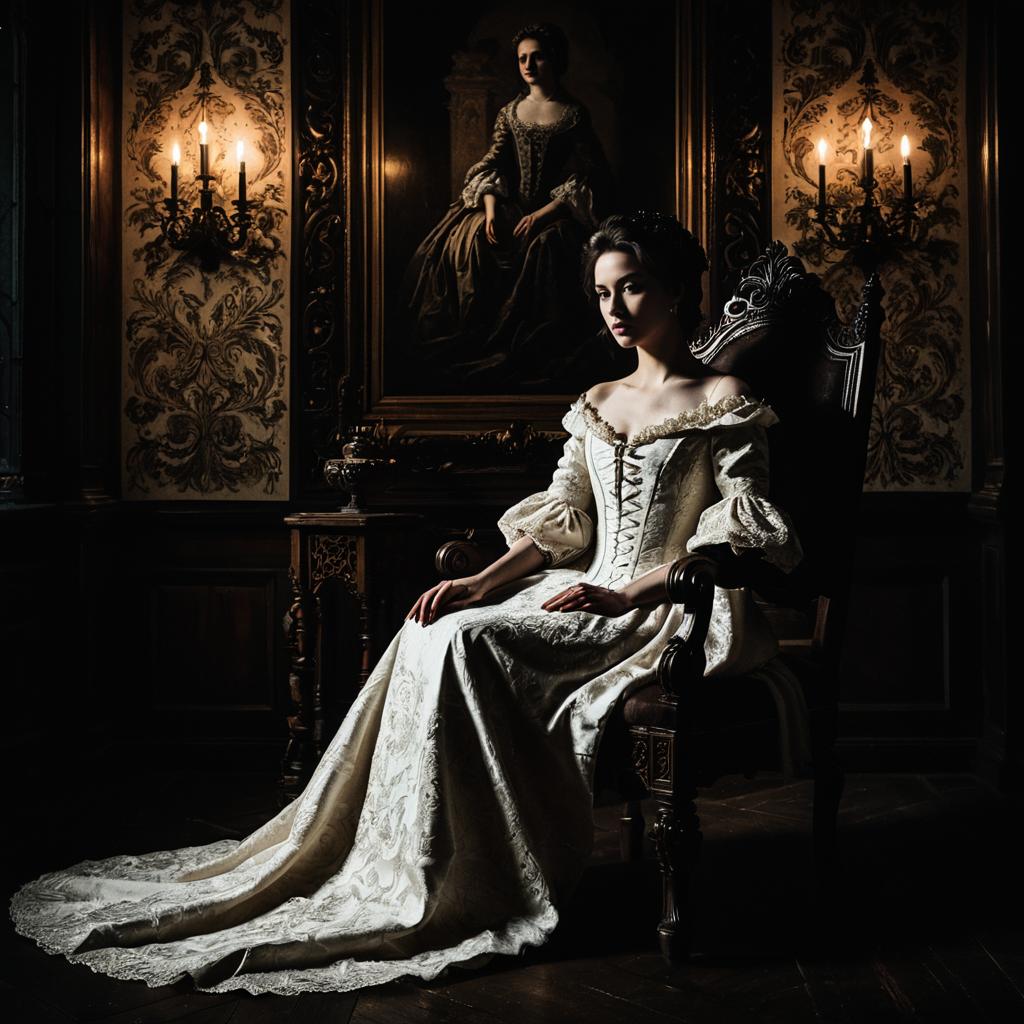 Elegant Woman in Vintage Ivory Gown Sitting on Ornate Chair in Historical Room