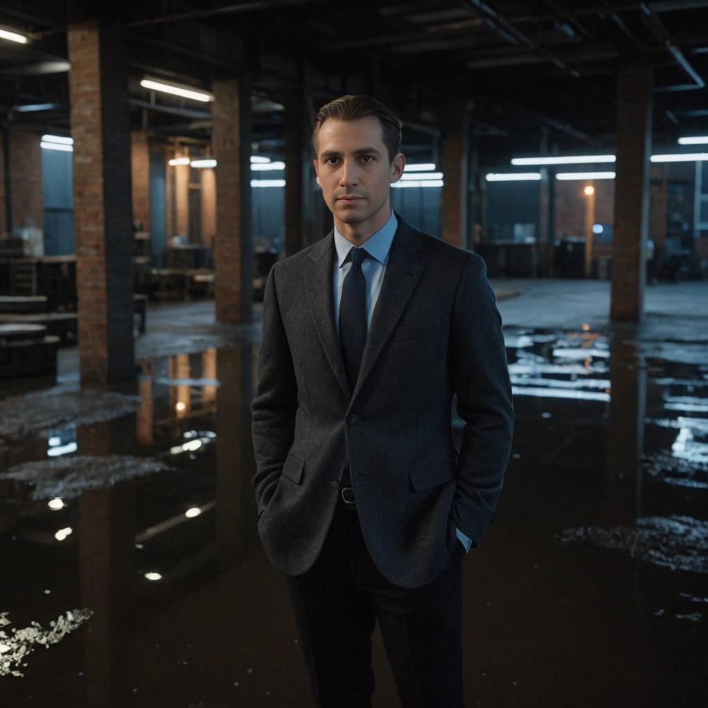 Confident Man in Grey Suit in Warehouse