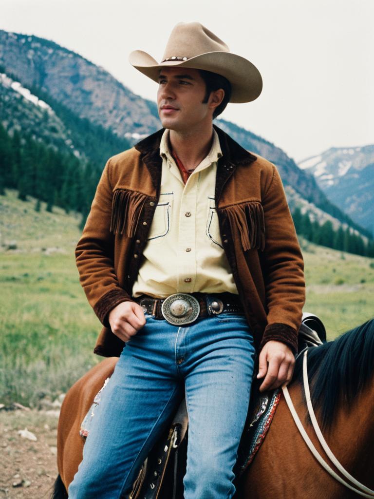 Man in Brokeback Mountain Costume Cowboy Outfit on Horse Outdoors