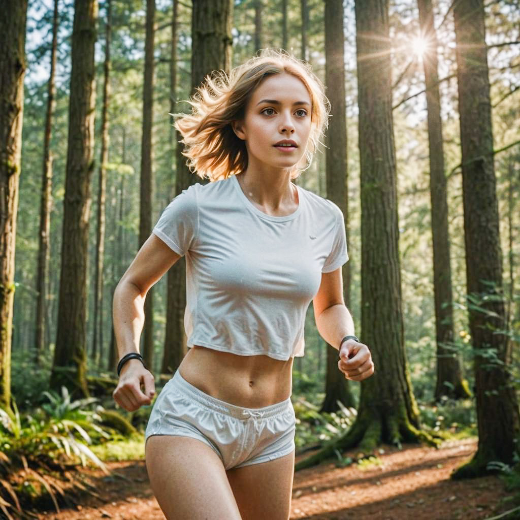 Young Woman Running in Serene Forest