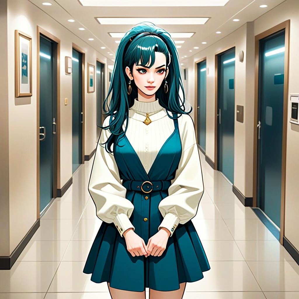 Stylish Woman with Teal Hair in Modern Corridor