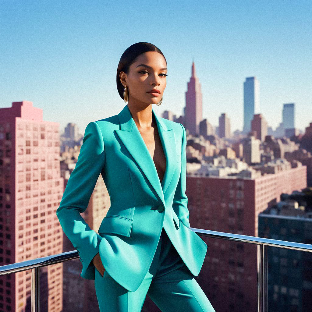 Confident Woman in Turquoise Suit in NYC