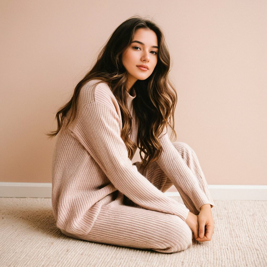 Young Woman in Cozy Knit Set on Carpet Young Woman in Cozy Knit Set on Carpet