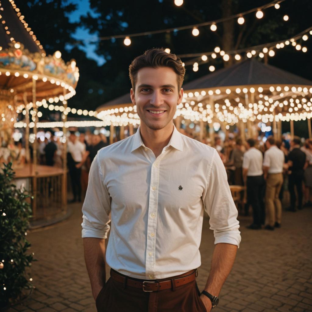 Smiling Man with Carousel and Festive Crowd