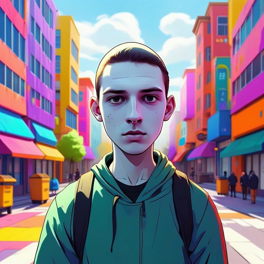 Young Man in Vibrant Urban Street Digital Illustration