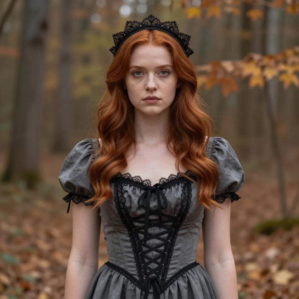 Red Haired Woman in Vintage Gothic Dress in Autumn Forest