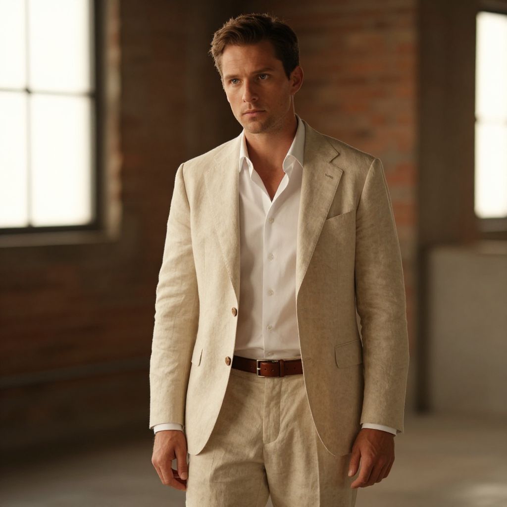 Man in Beige Linen Suit Standing in Industrial Loft