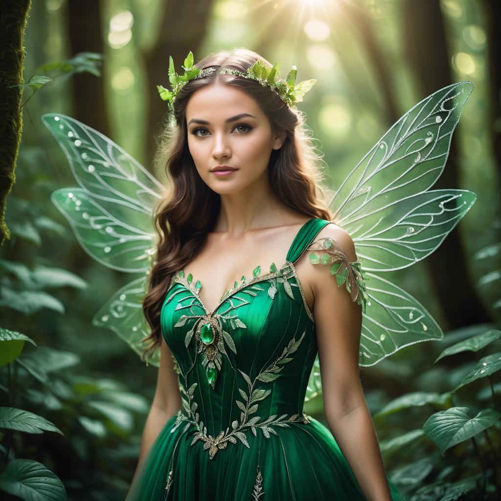 Forest Fairy Woman in Emerald Green Gown with Wings