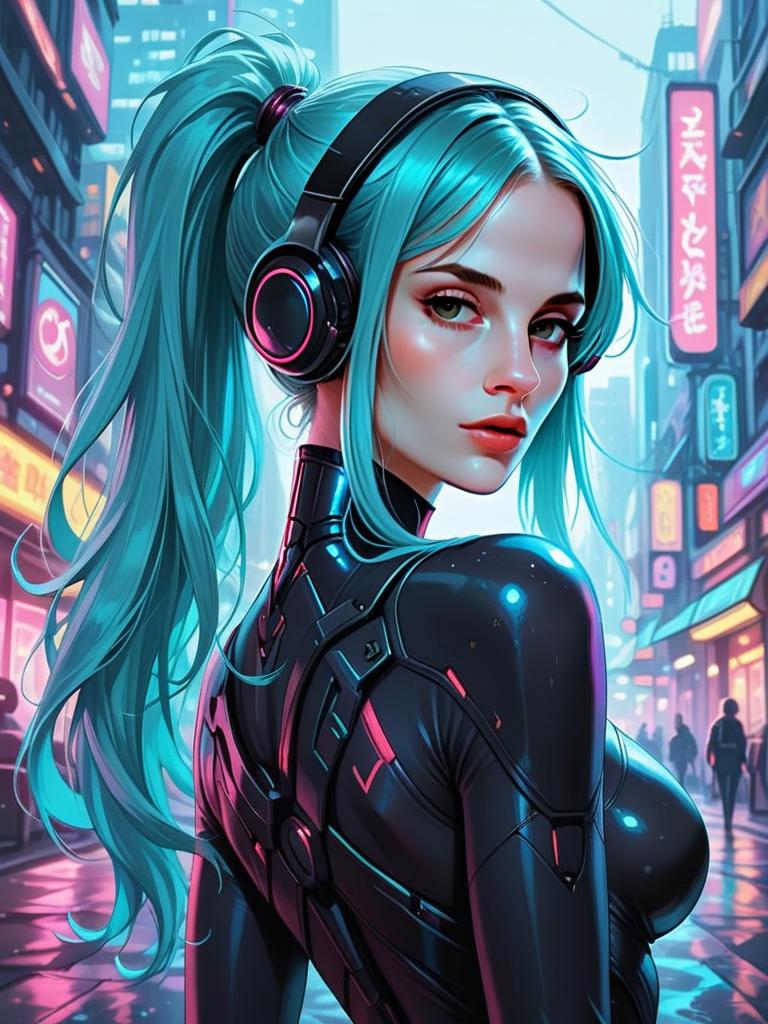 Futuristic Woman with Blue Hair in Cyberpunk City