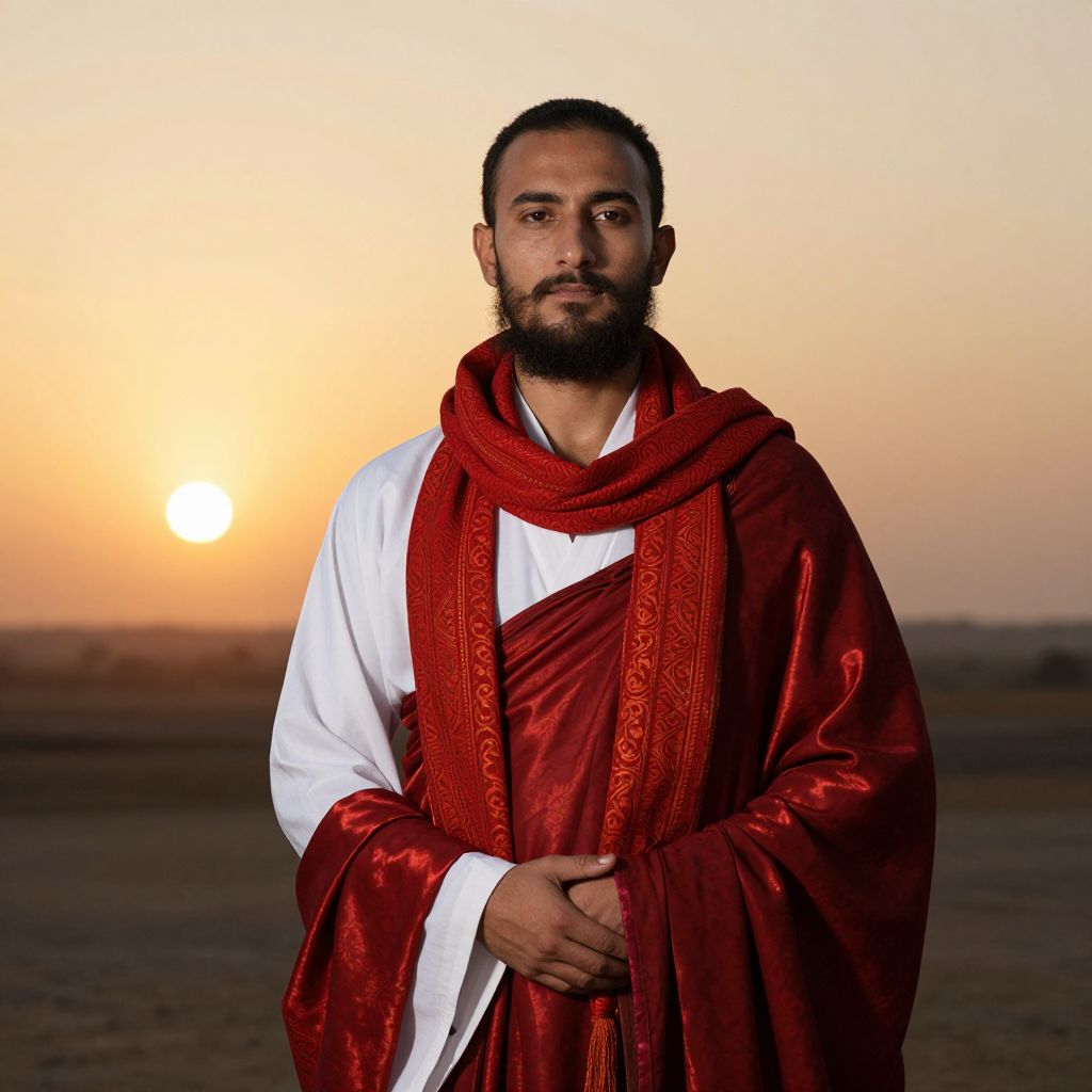 Man in Traditional Red Robes at Sunset