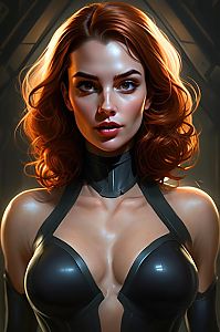 Cyberpunk Style Digital Portrait of Red-Haired Woman in Black Leather Outfit