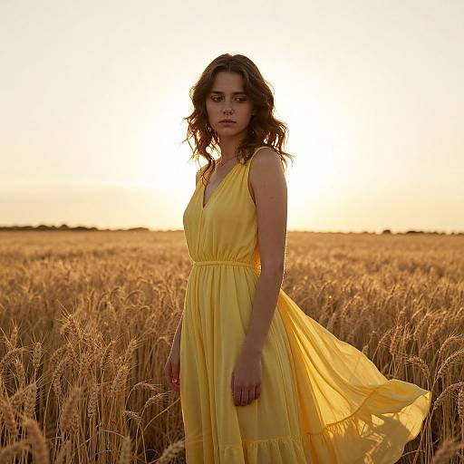 Woman in Yellow Dress Standing in Wheat Field at Sunset