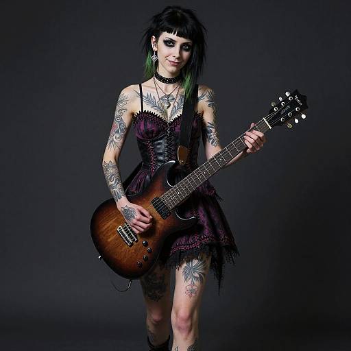 Gothic Style Young Woman with Electric Guitar and Tattoos