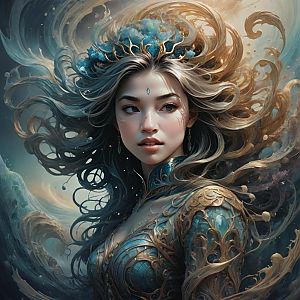 Serene Woman in Intricate Armor with Mystical Elements