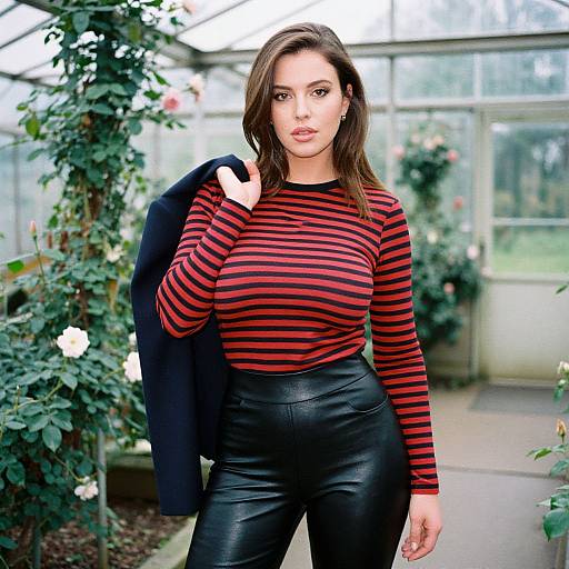 Woman in Striped Top and Leather Pants Posing in Greenhouse