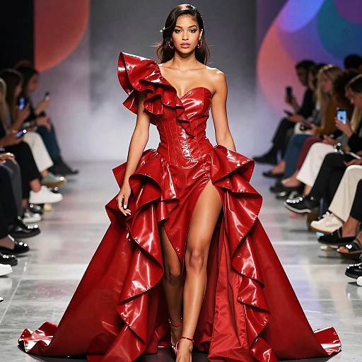 Elegant Red Ruffled High Slit Gown on Runway Woman Fashion
