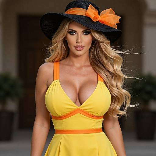 Elegant Blonde Woman in Yellow Dress with Black Hat and Orange Bow