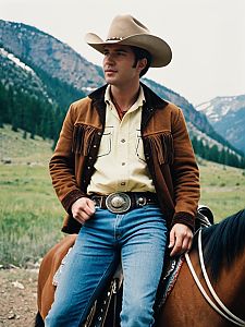 Man in Brokeback Mountain Costume Cowboy Outfit on Horse Outdoors