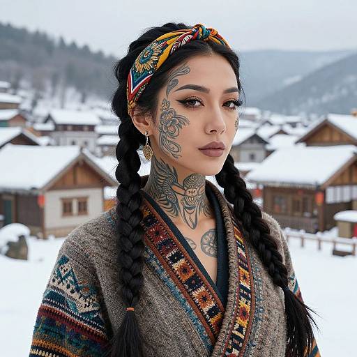 Tattooed Woman in Braids Wearing Colorful Headband in Snowy Village