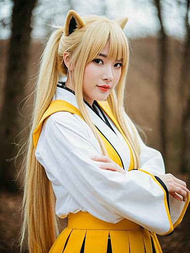 Cosplay Woman in Yellow Kimono with Fox Ears in Forest