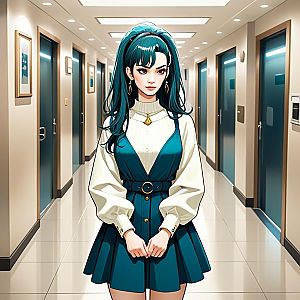 Stylish Woman with Teal Hair in Modern Corridor