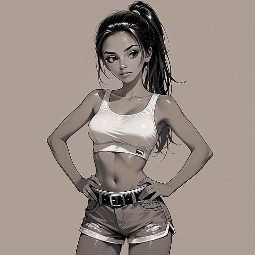 Digital Illustration of Confident Woman in Crop Top and Shorts
